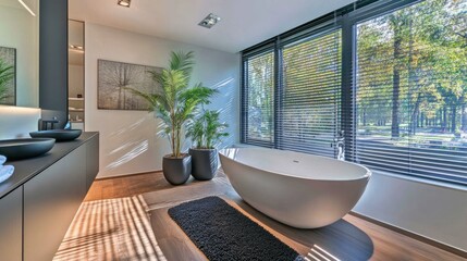 A floating storage cabinet mounted on a wall in a sleek, modern bathroom.