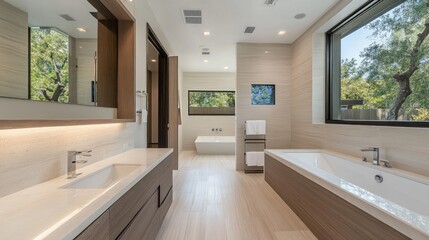 A floating storage cabinet mounted on a wall in a sleek, modern bathroom.