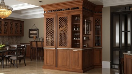 A large, corner storage cabinet maximizing space in a small dining area.
