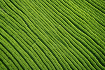 Fototapeta premium Lines of vibrant green rice plants stretching across a vast paddy field, creating a mesmerizing agricultural landscape