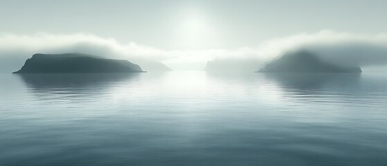 Fototapeta premium Misty islands on a calm sea at sunrise.
