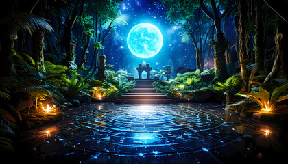 Lunar Sanctuary of the Jungle Heart: Where a Mystic Altar Bathed in Moonlight Awaits on a Starry Night, and Ancient Runes Glow with Celestial Energy