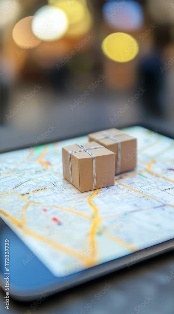 Poster two miniature cardboard boxes resting on a digital tablet with a city map illustrate online shopping