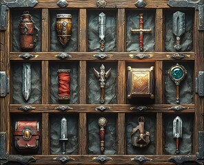 3D RPG inventory icons featuring weapons potions armor and tools on textured wood leather and metal backgrounds