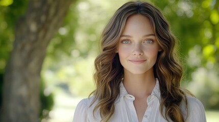 Fototapeta premium Beautiful Woman Smiling in Nature, Portrait of a Young Woman Outdoors, Natural Beauty Lifestyle