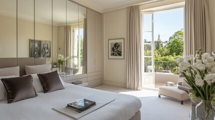 Fototapeta premium A sleek, mirrored storage cabinet reflecting natural light in a luxurious bedroom.