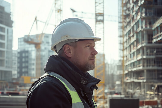 Construction worker diligently observing and assessing the progress of their project. Generative AI