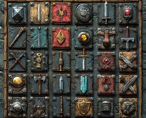3D RPG inventory icons featuring weapons potions armor and tools on textured wood leather and metal backgrounds