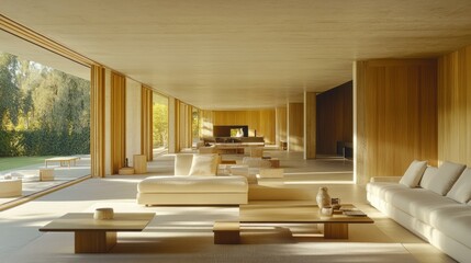 Fototapeta premium A spacious living room in minimalist style with a comfortable sofa, sleek tables, and natural light.