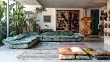 A spacious living room with a cozy sectional sofa, layered rugs, and abstract decor elements.