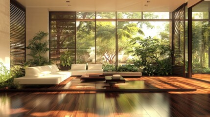 Fototapeta premium A spacious minimalist interior with a white couch, coffee tables, and wooden flooring accented by plants.