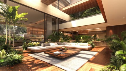 A spacious minimalist interior with a white couch, coffee tables, and wooden flooring accented by plants.