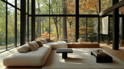 A stylish living room featuring a plush sofa, floor-to-ceiling windows, and minimalist furnishings.