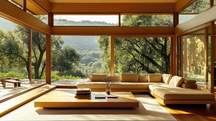 Fototapeta premium A stylish living room featuring a plush sofa, floor-to-ceiling windows, and minimalist furnishings.