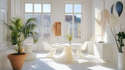 A stylish white room featuring functional furniture, plastic tables, and decorative plants.