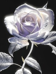 A lavender rose with silver leaves, set against a black background. Perfect for conveying love or affection, making it ideal as part of wedding card designs or Valentine's Day cards. 