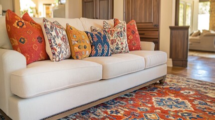 A warm, inviting living room with a textured sofa, vibrant cushions, and a patterned area rug.