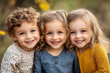 Fototapeta premium Portrait of triplets sitting outdoors playing