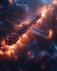 Space station engulfed in fiery nebula.