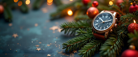 A wristwatch set against a festive Christmas background, featuring fir branches, ornaments, and...