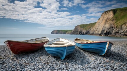 Naklejka premium Colorful rowboats resting on a pebble beach with dramatic cliffs in the distance.