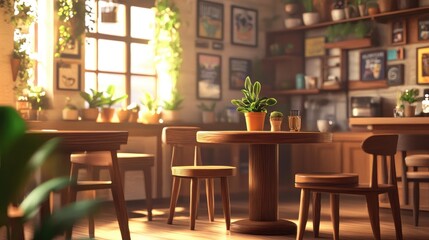 Fototapeta premium Cozy cafe interior with wooden tables, warm lighting, and potted plants.