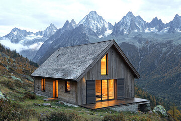 Cozy mountain cabin at dusk, glowing windows, French Alps backdrop, peaceful retreat