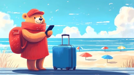 Tourist standing next to suitcase while scrolling phone, modern travel depiction, ideal for navigation themes, comic book art style