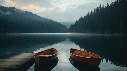 Fototapeta premium Rowboats anchored near a lakeside pier with a panoramic view of the surrounding forest.