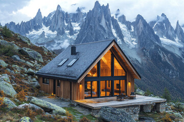 Cozy mountain cabin with glowing windows at dusk, scenic Alps backdrop, ideal for getaways