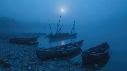 Fototapeta premium Traditional fishing skiffs moored on a misty beach during the early hours of dawn.