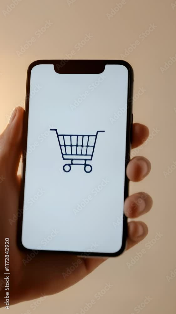 Poster customer engaging in mobile shopping, browsing a variety of products, adding items to the cart, and 
