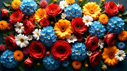 Lively flower arrangement rich colors red roses blue hydrangeas textured petals showcased against a dark background