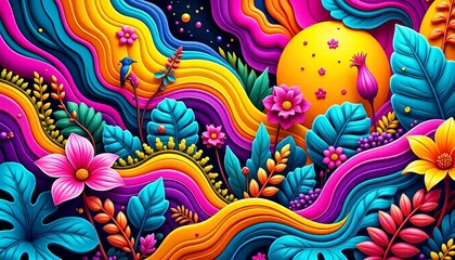 Obraz premium Vibrant Nature-Inspired Abstract Background with Flowing Shapes and Botanical Elements for Vaporwave Aesthetic Copy Space
