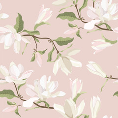 Seamless vector illustration with magnolia flowers on a beige background. For decorating textiles, packaging, wallpaper.