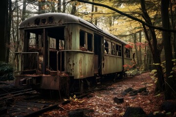 Fototapeta premium Rusted, decaying train sits on tracks in a tranquil forest setting, showcasing the passage of time and nature reclaiming its territory