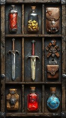 3D RPG inventory icons featuring weapons potions armor and tools on textured wood leather and metal backgrounds