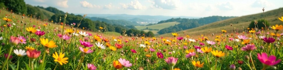 Wildflowers blooming on heathland terrain with a backdrop of rolling hills and a serene atmosphere, wildflowers, heathland, wildflower field