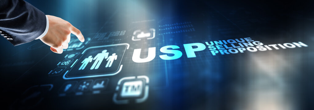 USP. Inscription Unique selling proposition on Virtual Screen. Marketing and technology concept