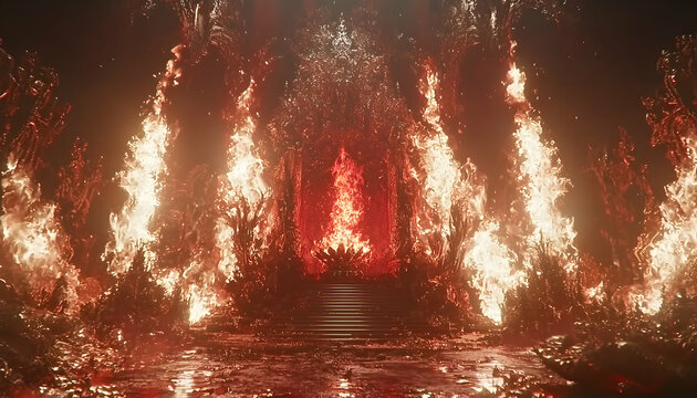 Fiery throne engulfed in flames, hellish inferno scene, dramatic fantasy artwork.