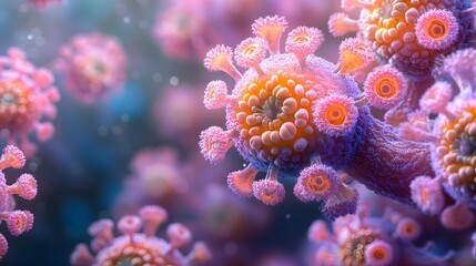 Obraz premium A detailed microscopic view of a virus, showcasing its complex structure. This image highlights its intricate details, relevant for scientific research. Microscopic of influenza virus, abstract