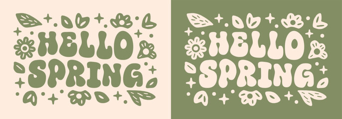 Hello Spring season floral banner header card groovy boho cottagecore retro green aesthetic vintage wavy lettering. Flowers leaves plants girly cute illustration decor shirt design printable cut file.