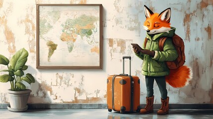 Person with luggage checking phone while waiting, traveler ready for adventure, showing digital journey planning, artistic illustration style