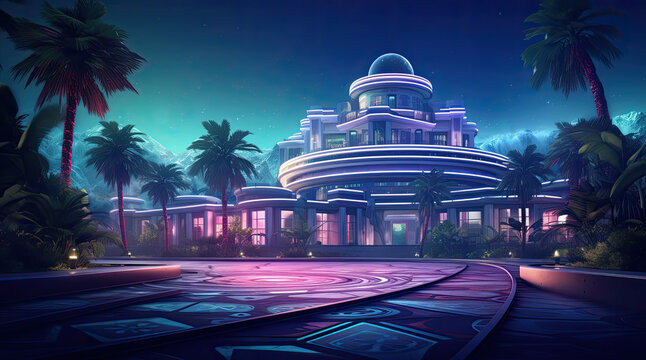 An illustration of a luxurious casino building at night