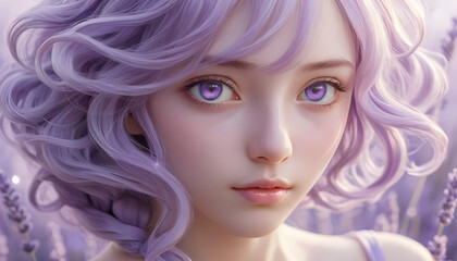 Fototapeta premium Close-up portrait of a young woman with purple hair and eyes, in a lavender field.