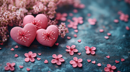 Obraz premium spring background. White cherry flowers and heart on pink abstract backdrop. spring season concept. romantic floral composition in minimal style. copy space. top view. template for design