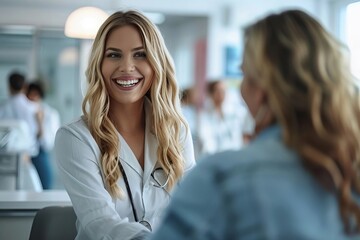 Fototapeta premium Female dentist warmly welcoming patient at reception in dental clinic