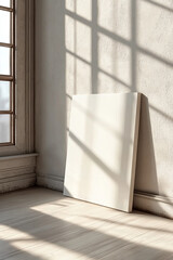 Empty white canvas stands on a distressed wooden floor in a vintage room with peeling paint