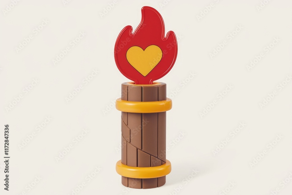 Poster a 3d rendered image of a stylized wooden pillar topped with a red flame containing a yellow heart.