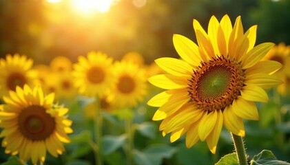 Obraz premium Morning sunlight highlights dew-kissed sunflowers, morning, nature, fresh flowers